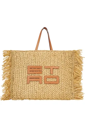 Etro Shopping Bag Grande In Rafia Traforata Con Logo Cube