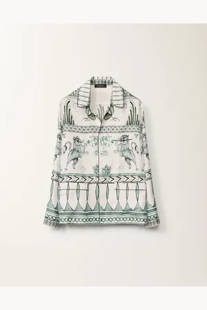 Fabiana Filippi Camicia In Twill Di Seta Stampa Picta, Bianco, Verde Acqua E Ottanio