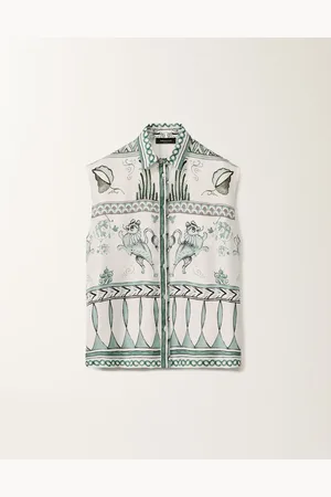 Fabiana Filippi T-shirt In Twill Di Seta Stampa Picta, Bianco, Verde Acqua E Ottanio