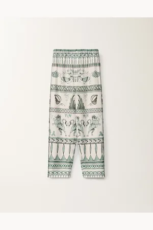 Fabiana Filippi Pantalone In Twill Di Seta Stampa Picta, Bianco, Verde Acqua E Ottanio