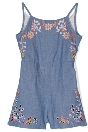 Chloé Tuta denim corta con ricamo a fiori