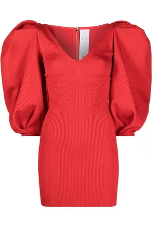 AZ FACTORY Donna Vestiti in maglia - Abito a maglia con maniche a palloncino - Rosso