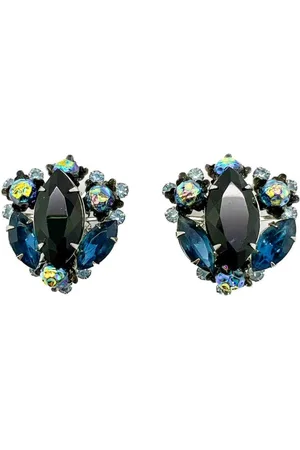 JENNIFER GIBSON JEWELLERY Vintage Judy Lea Black & Navy Navette Earrings 1950s