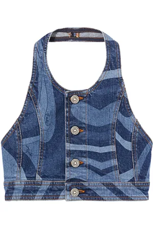Puccini Top corto denim con stampa Marmo