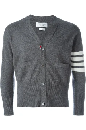 Thom Browne Short V-Neck Cardigan With 4-Bar Stripe In Medium Grey Cashmere