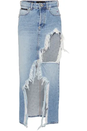 Philipp Plein Gonna midi denim con effetto vissuto