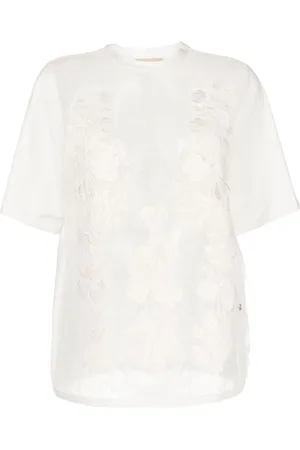 Elie saab Floral-appliqué sheer T-shirt