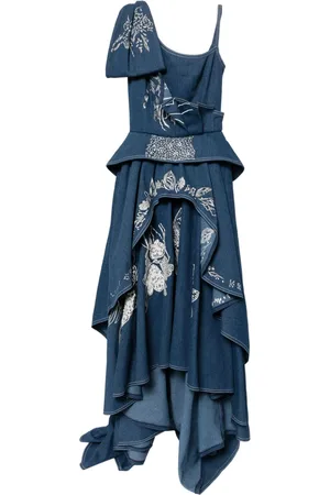 Saiid Kobeisy Abito lungo denim con ricamo a fiori
