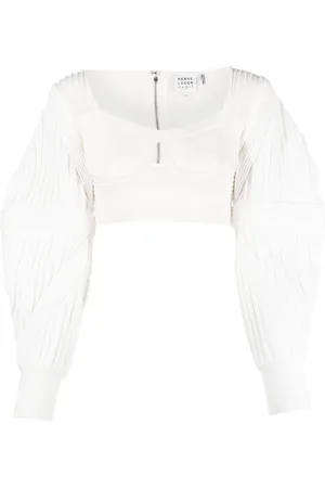 Hervé Léger Blusa crop plissettata con maniche a palloncino