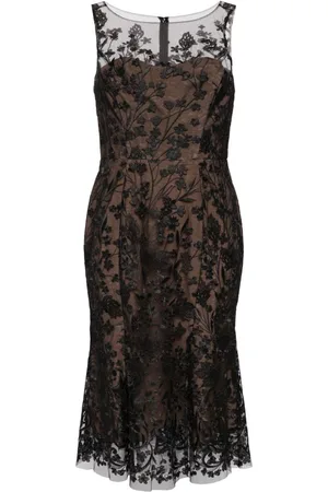 Marchesa Notte Abito midi con ricamo a fiori