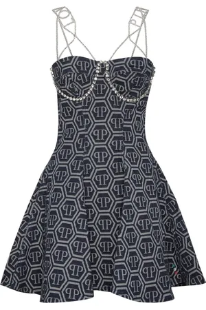 Philipp Plein Abito corto denim con monogramma jacquard