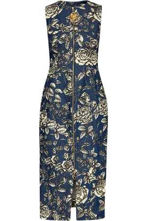 Oscar de la Renta Abito midi denim con stampa