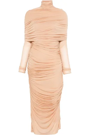 MUGLER Abito midi semi trasparente con ruches