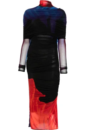 MUGLER Abito midi semi trasparente con ruches