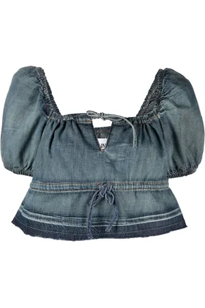 Ganni Top denim con maniche a palloncino
