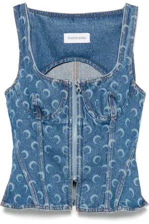 Marine Serre Top denim Moon in stile corpetto