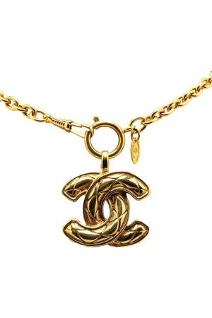 CHANEL 1970-1980 Gold Plated Quilted CC Pendant Necklace costume necklace