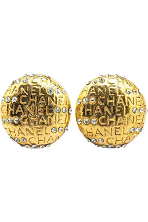 CHANEL Orecchini a clip placcati in con logo e strass 1970-1980