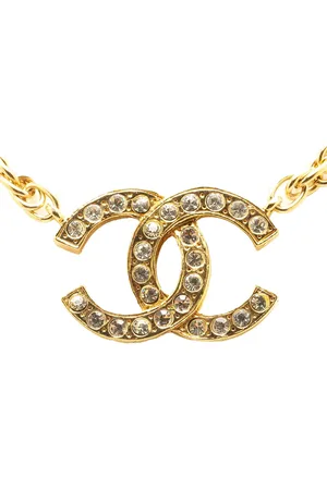 CHANEL 1970-1980 Gold Plated Crystal CC Pendant Necklace costume necklace