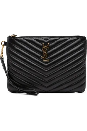 Saint Laurent Clutch A5 con cinturino da polso in pelle matelassé con monogramma, zip e motivo chevron 2018