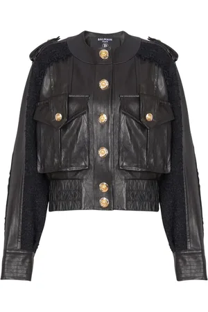 Balmain Bomber in pelle con inserti in tweed