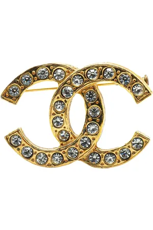 CHANEL 1970-1980 Gold Plated CC Rhinestone Brooch costume brooch