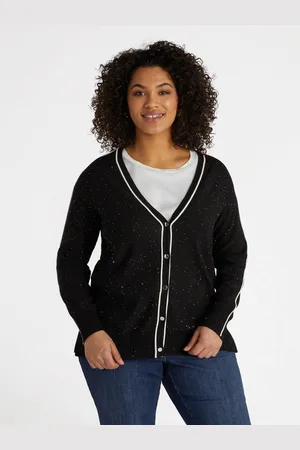 Fiorella rubino Cardigan con bordi bianchi e micro paillettes Donna, Taglia: L (56-58 IT)