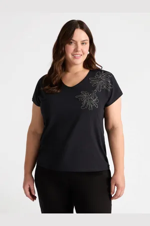 Fiorella rubino T-shirt bimaterica con ricamo floreale Donna, Taglia: XS (44-46 IT)