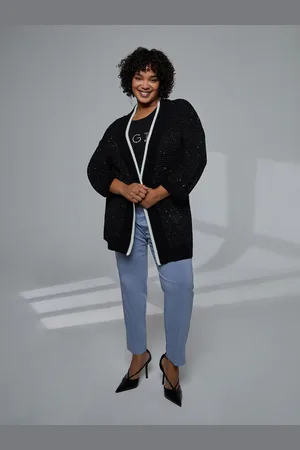 Fiorella rubino Cardigan lungo con bordi bianchi e micro paillettes Donna, Taglia: 02