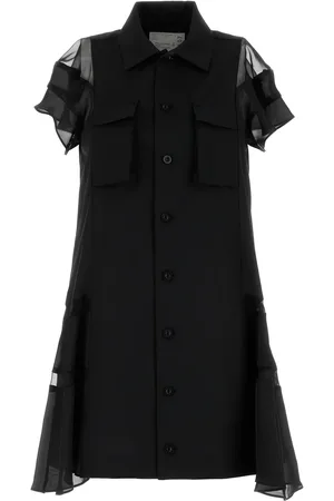 SACAI Abito chemisier nero in twill e raso DONNA