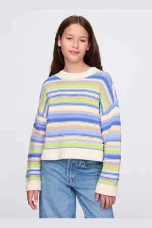 GAP Pullover verde e azzurro in cotone a righe, Bambina, , Taglia S/114-134