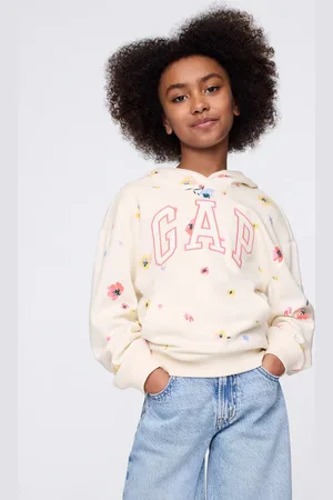 GAP Felpa bianca con cappuccio stampa fiori e ricamo logo, Bambina, , Taglia XS/99-114