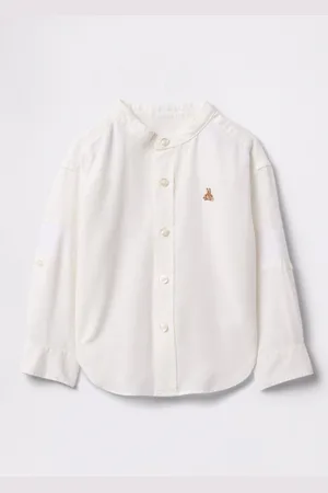 GAP Camicia bianca in lino e cotone con ricamo orsetto, Bambino, , Taglia 2Y/84-91