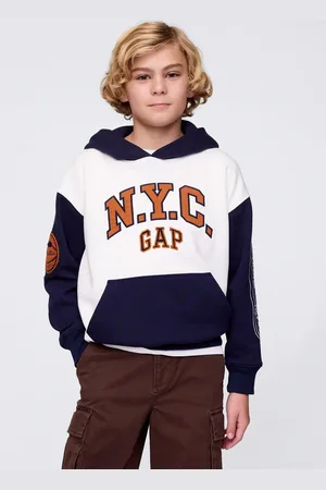 GAP Felpa blu e bianca con cappuccio e patch, Bambino, , Taglia S/114-130