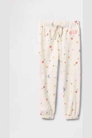 GAP Joggers bianchi con coulisse stampa fiori e ricamo logo, Bambina, , Taglia 12-18M/74-79