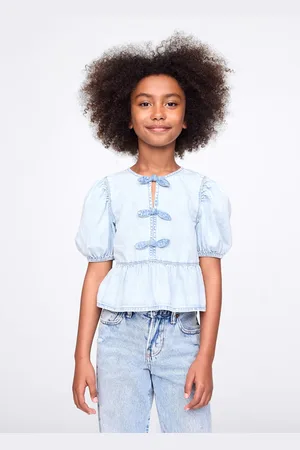 GAP Camicia denim in cotone con fiocchetti, Bambina, , Taglia S