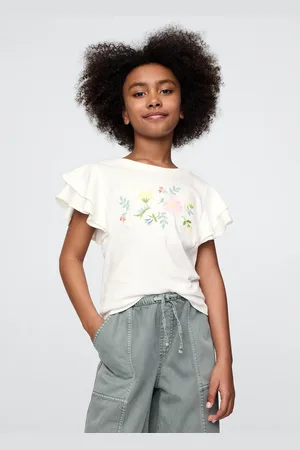 GAP T-shirt a maniche corte bianca con volant e stampa floreale, Bambina, , Taglia M