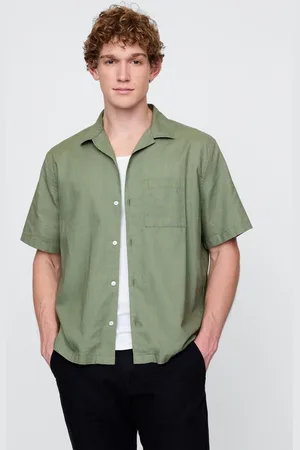 GAP Camicia verde a maniche corte in lino e cotone, , , Taglia S