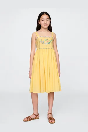 GAP Vestito estivo giallo con ricami floreali in cotone, Bambina, , Taglia XS