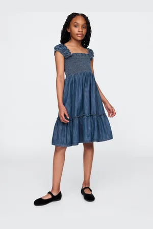 GAP Abito midi in denim con scollo arricciato Kids, Bambina, , Taglia XS