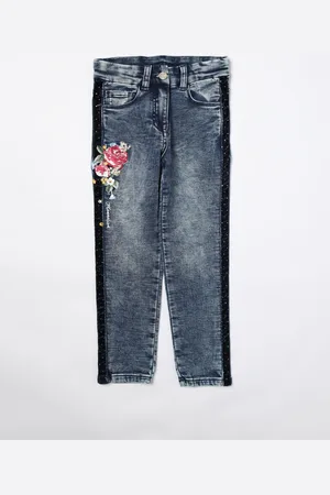 MONNALISA Jeans in denim di cotone con ricamo floreale