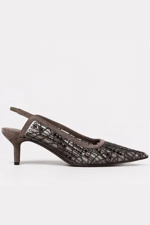 Brunello Cucinelli Slingback in camoscio e nylon a rete con ricami