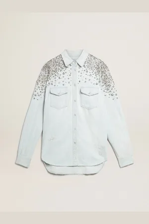 Golden Goose Camicia Boyfriend Bleached Da Donna Con Cristalli Cabochon