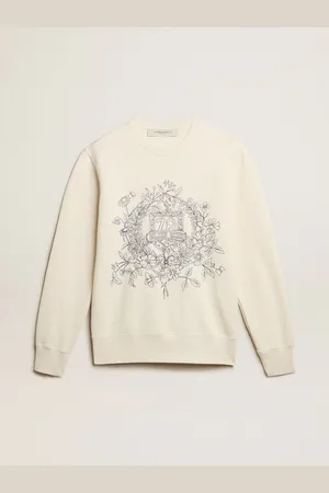 Golden Goose Felpa Da Uomo In Cotone Color Bianco Vissuto Con Ricamo Sul Davanti