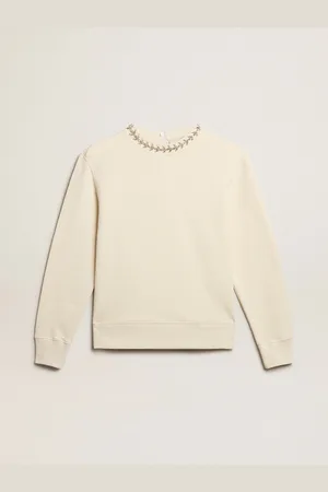 Golden Goose Felpa Girocollo In Cotone Di Color Bianco Vissuto Con Cristalli Applicati A Mano