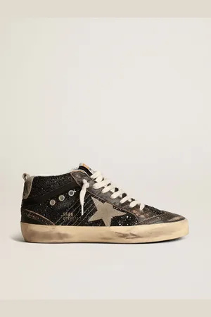 Golden Goose Mid Star Donna In Glitter Neri Con Stella E Talloncino In Suede Tortora