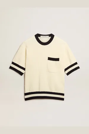 Golden Goose Maglia A Maniche Corte Da Uomo Di Colore Bianco Antico Con Costine Blu
