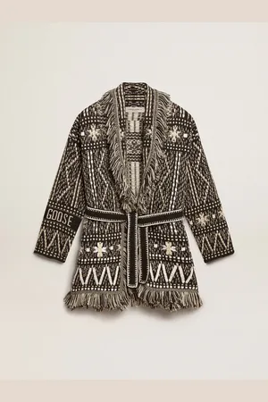 Golden Goose Cardigan Con Cintura E Motivo Fair Isle Color Grigio Scuro