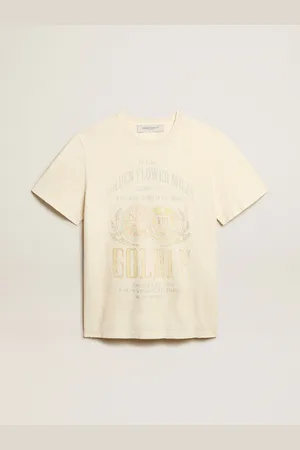 Golden Goose T-shirt Da Uomo In Cotone Color Bianco Vissuto Con Stampa Sul Davanti