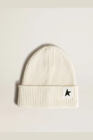 Golden Goose Berretto In Cotone Color Bianco Sporco Con Stella Nera A Contrasto